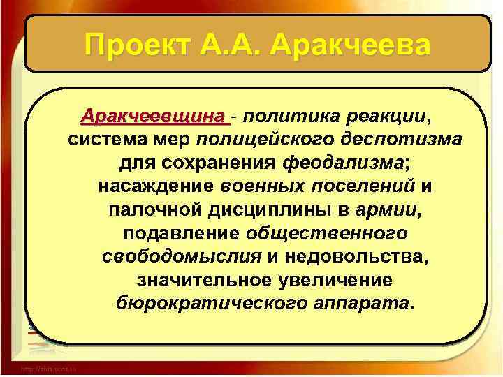 Проект А. А. Аракчеева Аракчеевщина - политика реакции, система мер полицейского деспотизма для сохранения