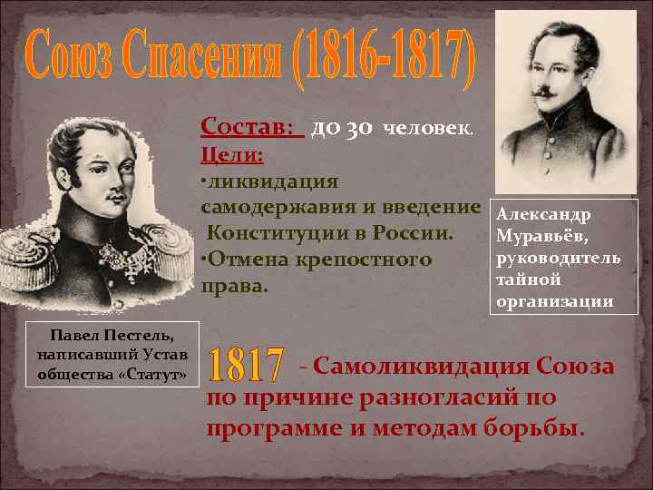 Состав: до 30 человек. Цели: • ликвидация самодержавия и введение Конституции в России. •