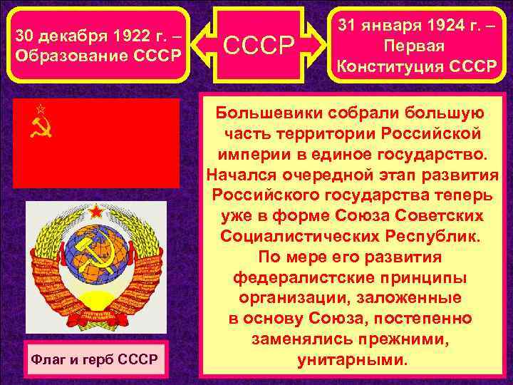 30 декабря 1922 г. – Образование СССР Флаг и герб СССР 31 января 1924