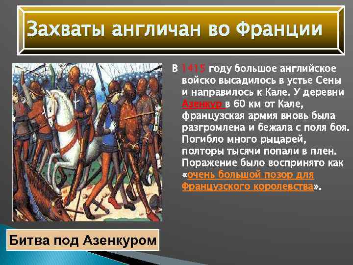 Захваты англичан во Франции В 1415 году большое английское войско высадилось в устье Сены