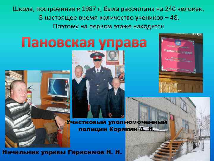 Школа, построенная в 1987 г, была рассчитана на 240 человек. В настоящее время количество