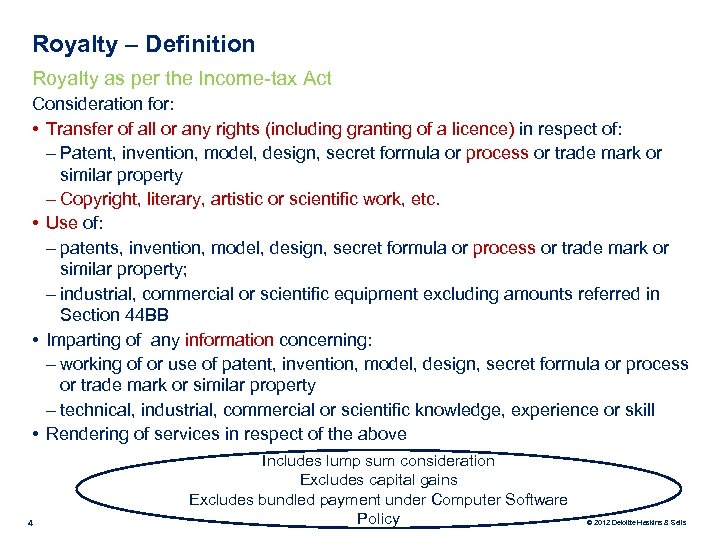 Royalty – Definition Royalty as per the Income-tax Act Consideration for: • Transfer of