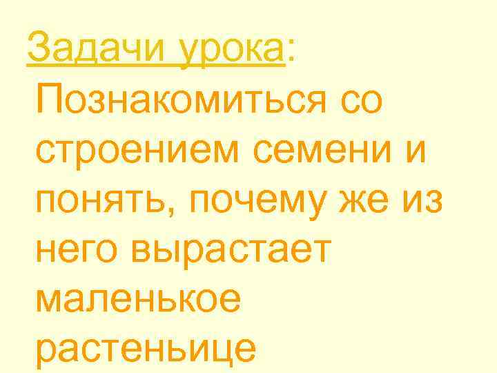 Задачи урока: Познакомиться со строением семени и понять, почему же из него вырастает маленькое