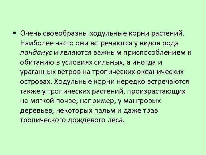 • Очень своеобразны ходульные корни растений. Наиболее часто они встречаются у видов рода