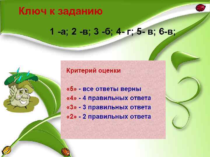 Ключ к заданию 1 -а; 2 -в; 3 -б; 4 - г; 5 -