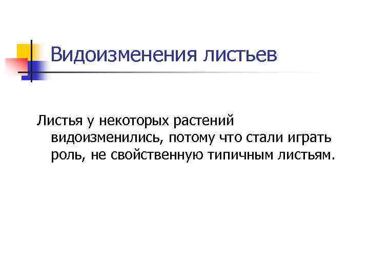 Видоизменения листьев Листья у некоторых растений видоизменились, потому что стали играть роль, не свойственную