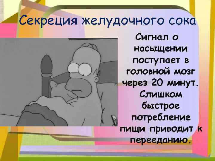 Секреция желудочного сока Сигнал о насыщении поступает в головной мозг через 20 минут. Слишком