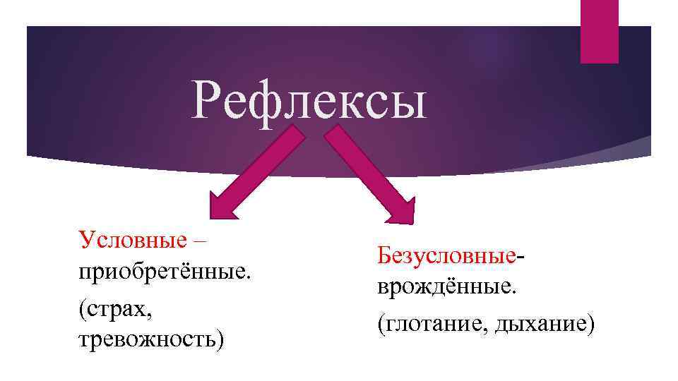 Рефлексы Условные – приобретённые. (страх, тревожность) Безусловныеврождённые. (глотание, дыхание) 