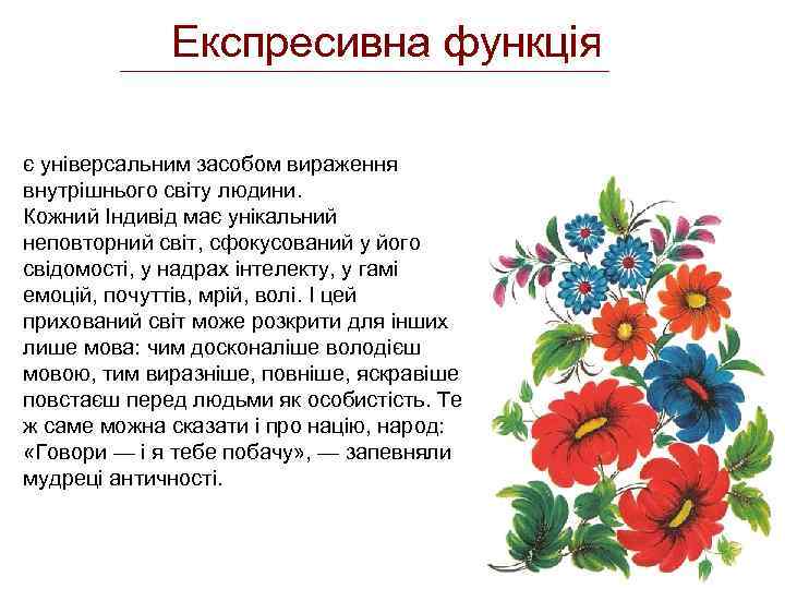 Експресивна функція є універсальним засобом вираження внутрішнього світу людини. Кожний Індивід має унікальний неповторний