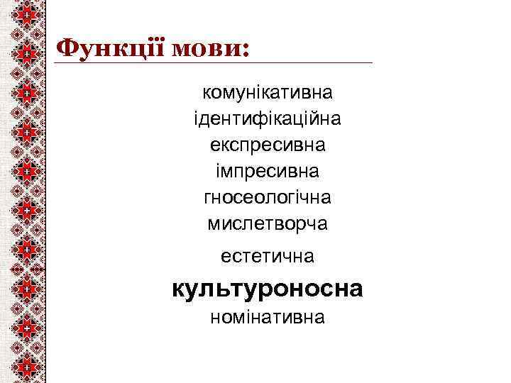 Функції мови: комунікативна ідентифікаційна експресивна імпресивна гносеологічна мислетворча естетична культуроносна номінативна 