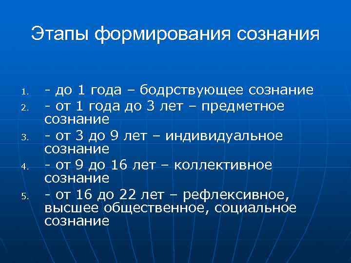 Этапы формирования сознания 1. 2. 3. 4. 5. - до 1 года – бодрствующее