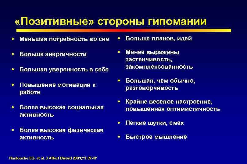  «Позитивные» стороны гипомании Меньшая потребность во сне Больше планов, идей Больше энергичности Менее