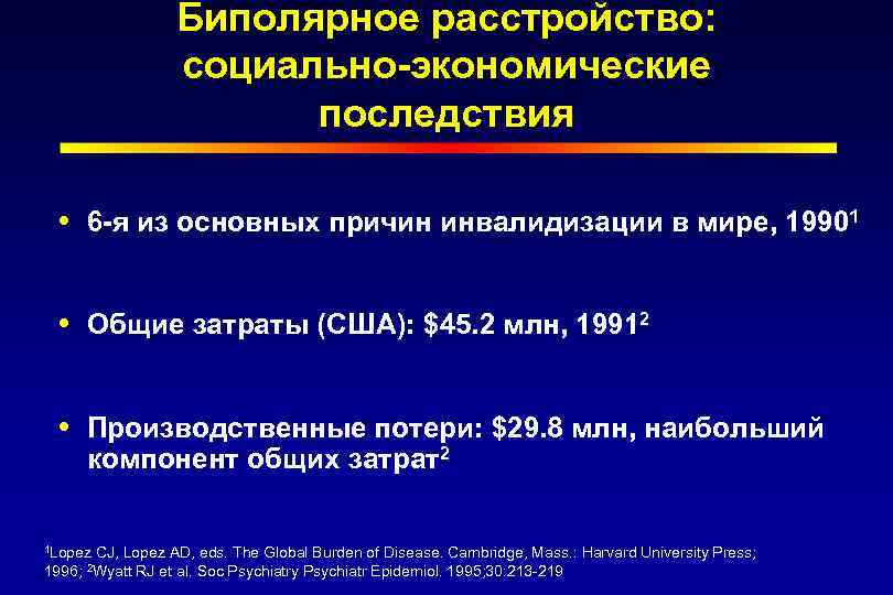 Биполярное расстройство: социально-экономические последствия 6 -я из основных причин инвалидизации в мире, 19901 Общие