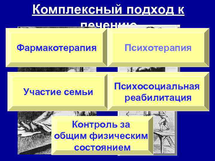 Комплексный подход к лечению Фармакотерапия Психотерапия Участие семьи Психосоциальная реабилитация Контроль за общим физическим