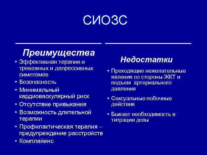 СИОЗС Преимущества Недостатки • Эффективная терапия и тревожных и депрессивных • Преходящие нежелательные симптомов