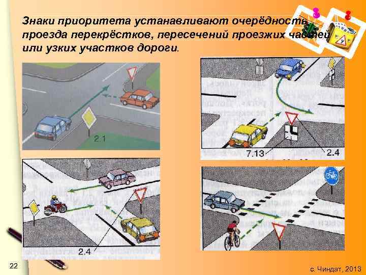Знаки приоритета устанавливают очерёдность проезда перекрёстков, пересечений проезжих частей или узких участков дороги. 22