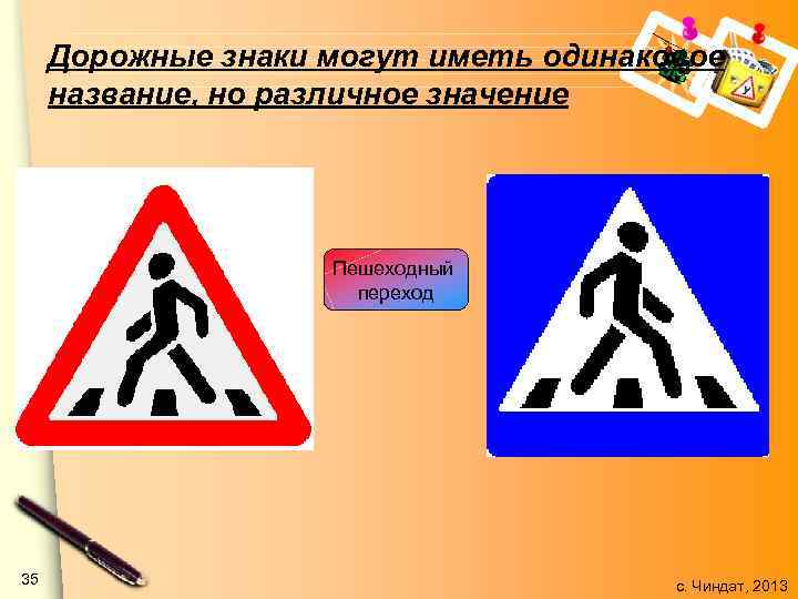 Дорожные знаки могут иметь одинаковое название, но различное значение Пешеходный переход 35 с. Чиндат,
