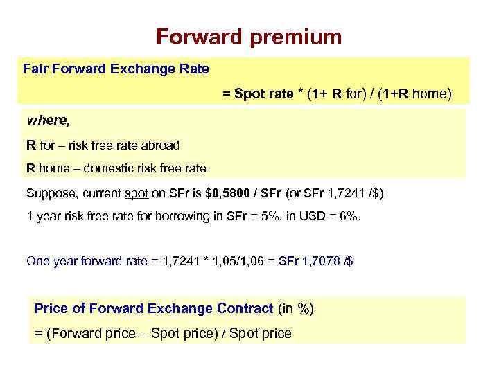 Forward premium Fair Forward Exchange Rate = Spot rate * (1+ R for) /