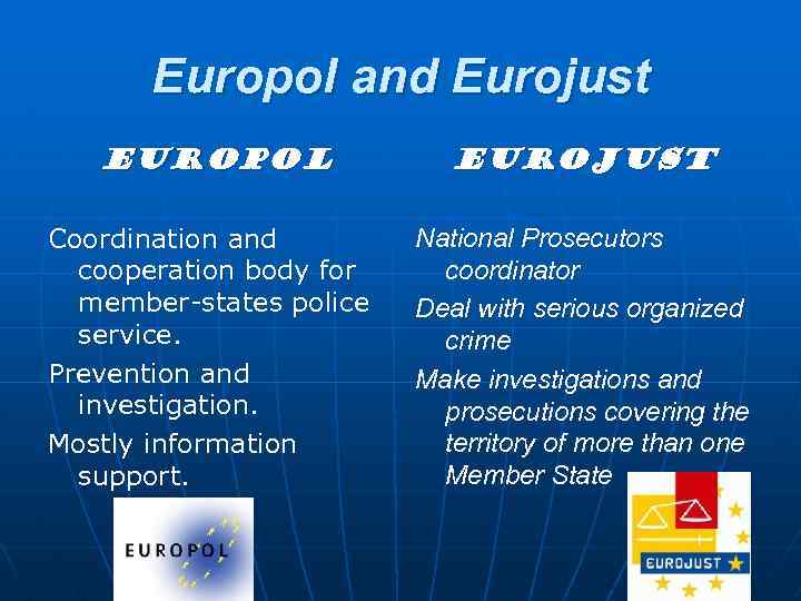 Europol and Eurojust Europol Coordination and cooperation body for member-states police service. Prevention and