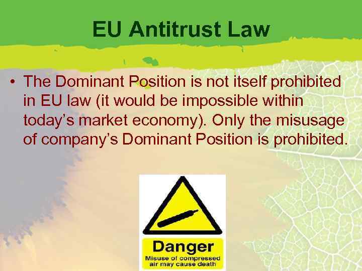 EU Antitrust Law • The Dominant Position is not itself prohibited in EU law