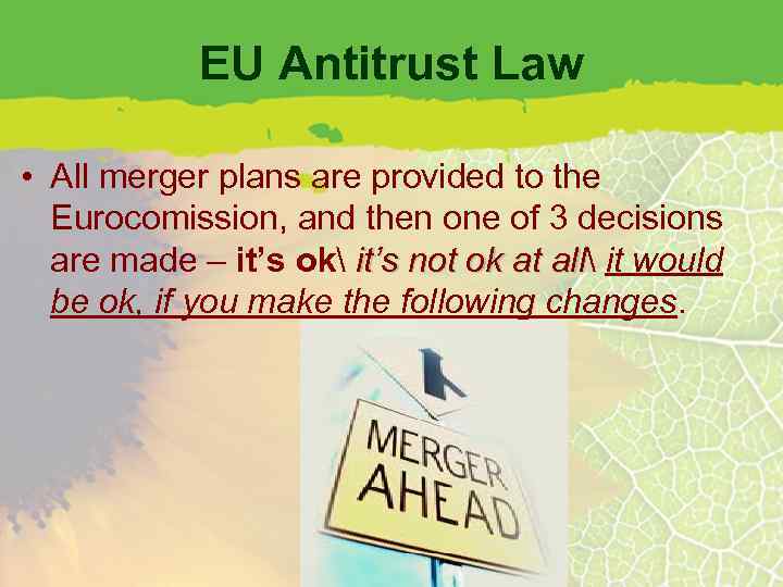 EU Antitrust Law • All merger plans are provided to the Eurocomission, and then