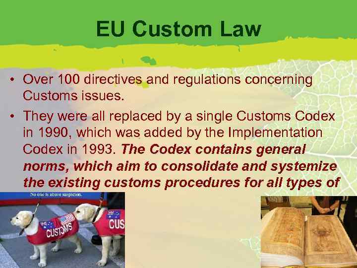 EU Custom Law • Over 100 directives and regulations concerning Customs issues. • They