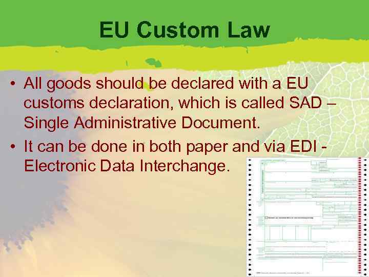 EU Custom Law • All goods should be declared with a EU customs declaration,