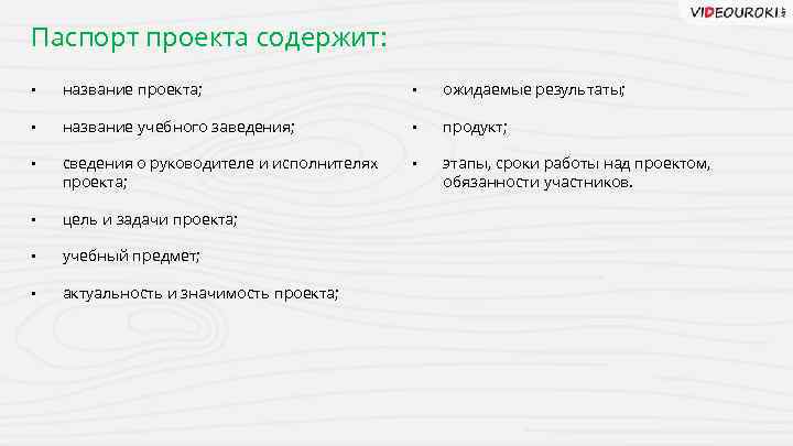 Паспорт проекта содержит: • название проекта; • ожидаемые результаты; • название учебного заведения; •