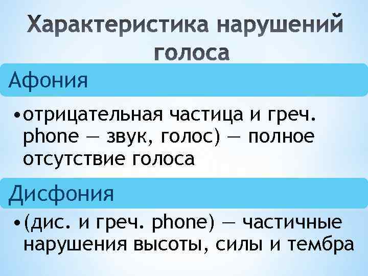 Афония • отрицательная частица и греч. phone — звук, голос) — полное отсутствие голоса