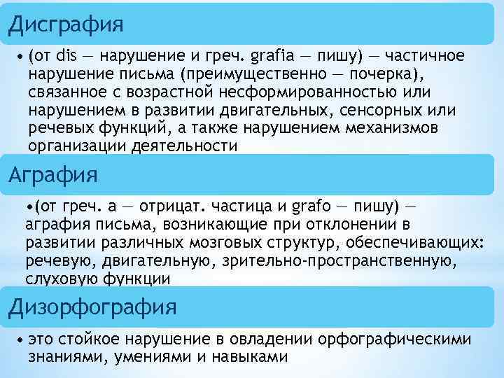 Дисграфия • (от dis — нарушение и греч. grafia — пишу) — частичное нарушение