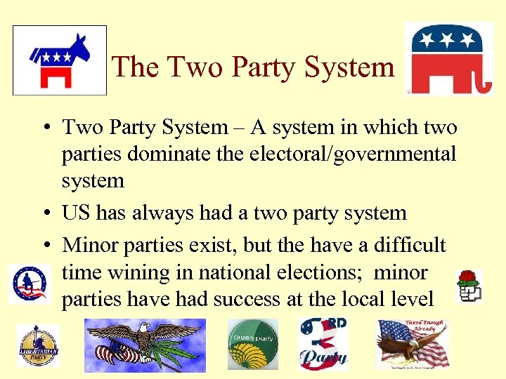 The Two Party System • Two Party System – A system in which two