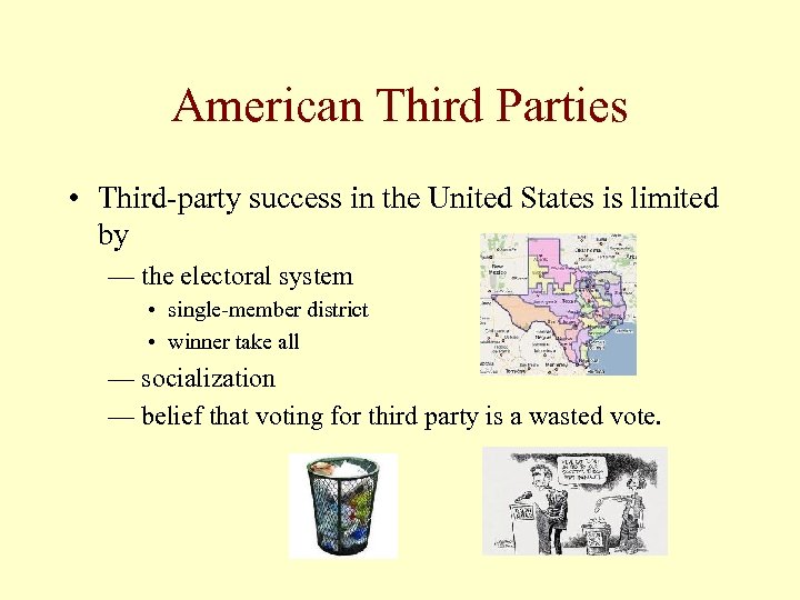 American Third Parties • Third-party success in the United States is limited by —