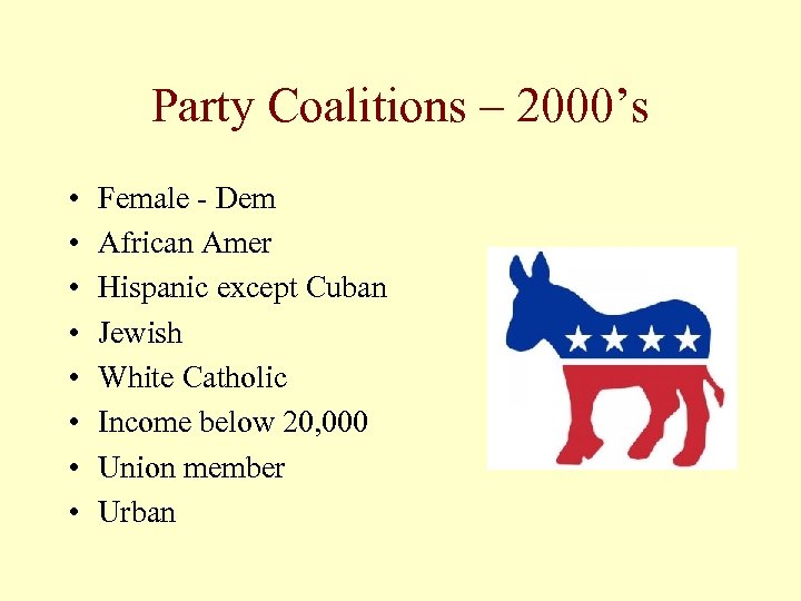 Party Coalitions – 2000’s • • Female - Dem African Amer Hispanic except Cuban