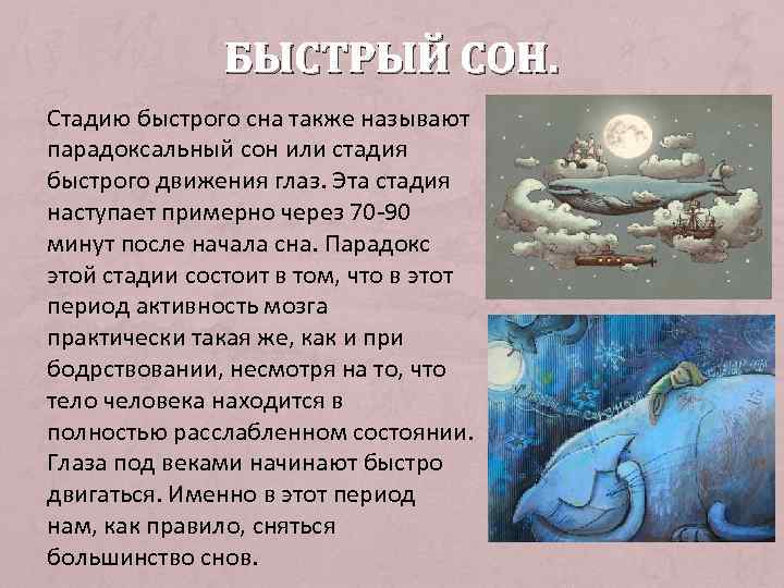 БЫСТРЫЙ СОН. Стадию быстрого сна также называют парадоксальный сон или стадия быстрого движения глаз.