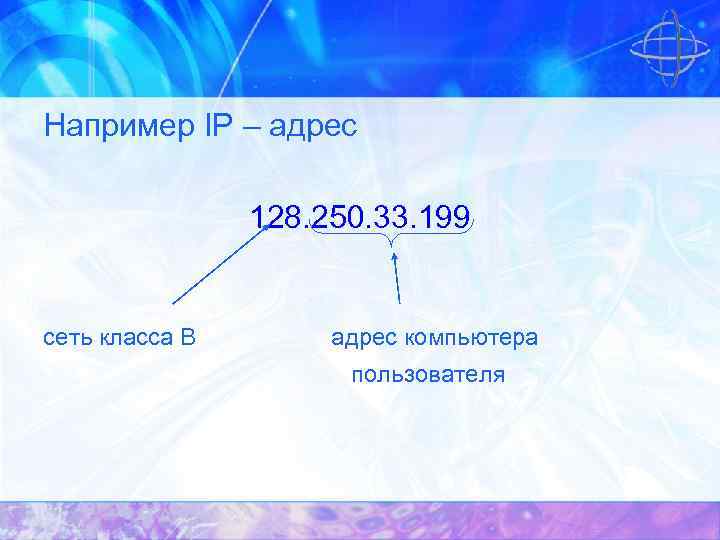 Например IP – адрес 128. 250. 33. 199 сеть класса В адрес компьютера пользователя