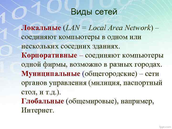 Виды сетей Локальные (LAN = Local Area Network) – соединяют компьютеры в одном или