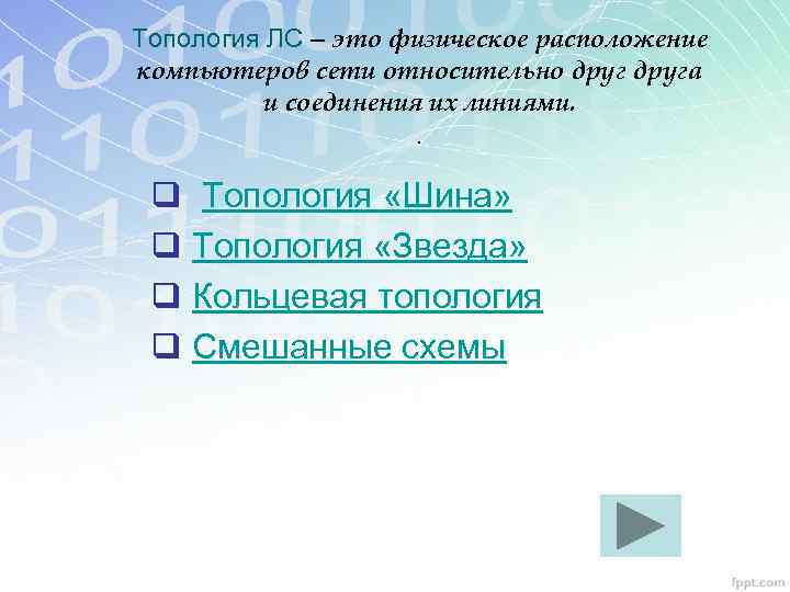 Топология ЛС – это физическое расположение компьютеров сети относительно друга и соединения их линиями.