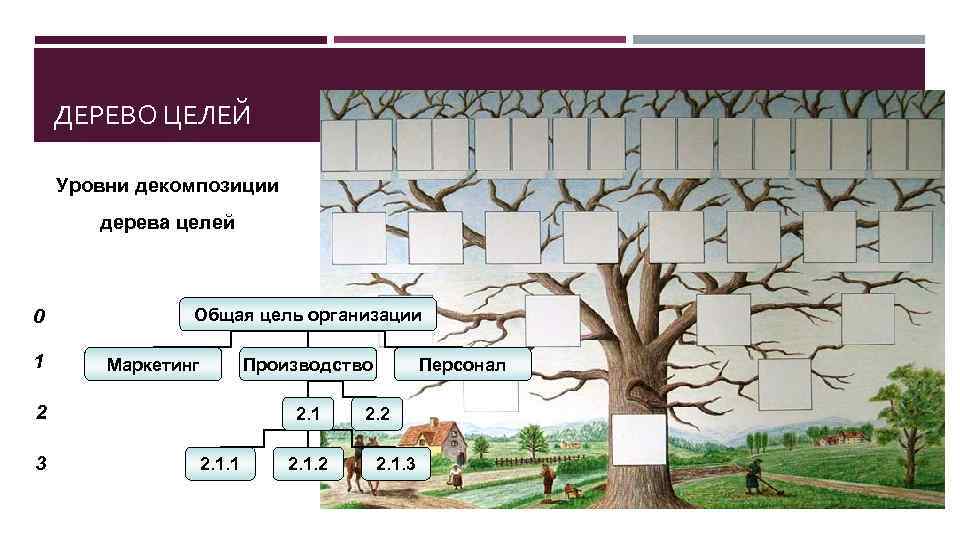 ДЕРЕВО ЦЕЛЕЙ Уровни декомпозиции дерева целей 0 1 Общая цель организации Маркетинг Производство 2