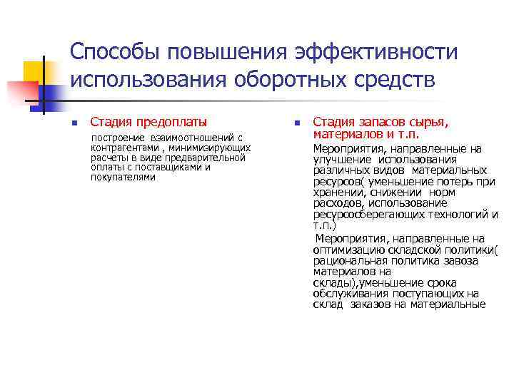 Способы повышения эффективности использования оборотных средств n Стадия предоплаты построение взаимоотношений с контрагентами ,