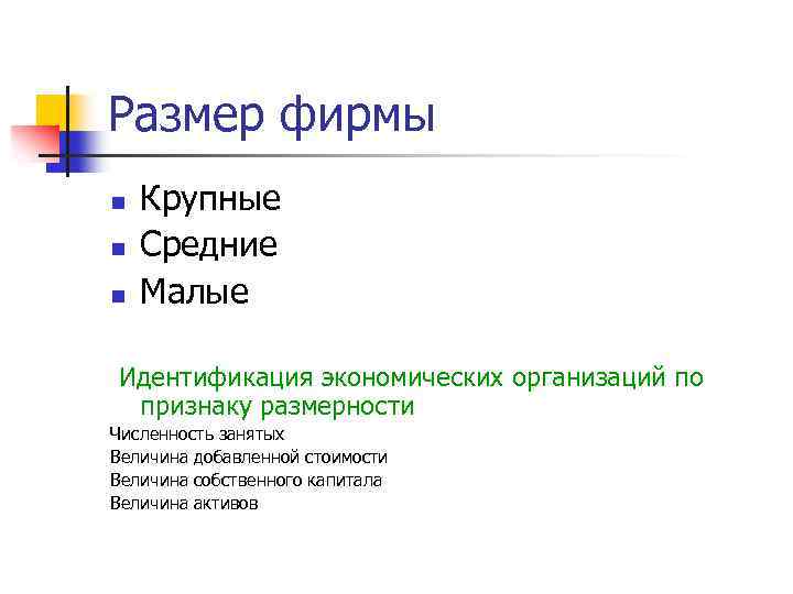 Размер фирмы n n n Крупные Средние Малые Идентификация экономических организаций по признаку размерности