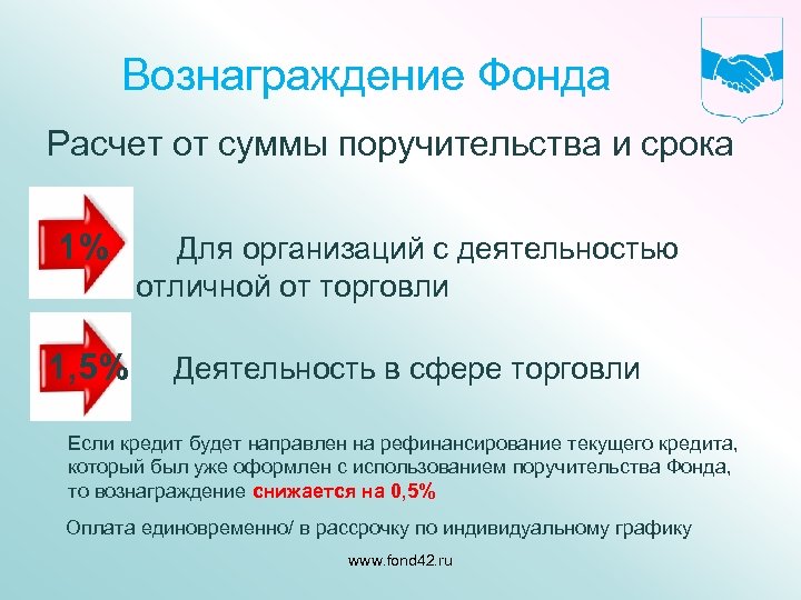 Вознаграждение Фонда Расчет от суммы поручительства и срока 1% Для организаций с деятельностью отличной