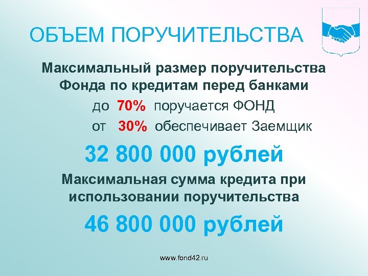 ОБЪЕМ ПОРУЧИТЕЛЬСТВА Максимальный размер поручительства Фонда по кредитам перед банками до 70% поручается ФОНД