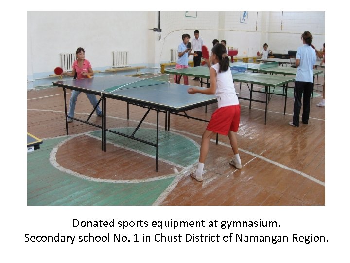 Donated sports equipment at gymnasium. Secondary school No. 1 in Chust District of Namangan