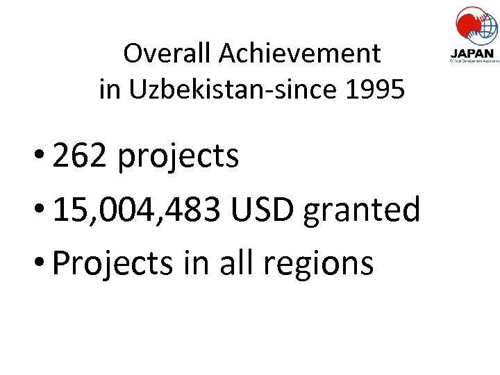 Overall Achievement in Uzbekistan-since 1995 • 262 projects • 15, 004, 483 USD granted