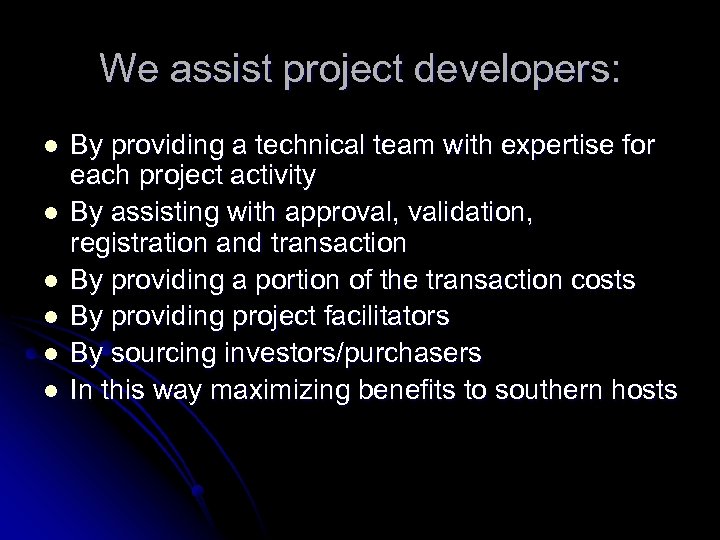 We assist project developers: l l l By providing a technical team with expertise