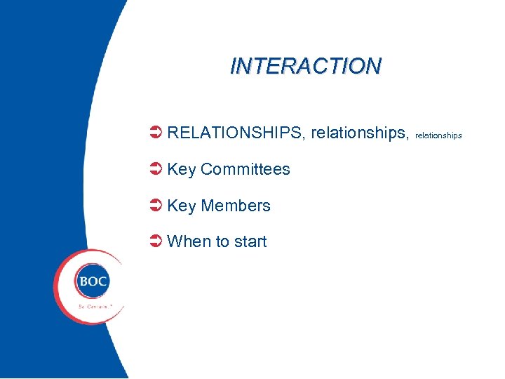 INTERACTION Ü RELATIONSHIPS, relationships Ü Key Committees Ü Key Members Ü When to start