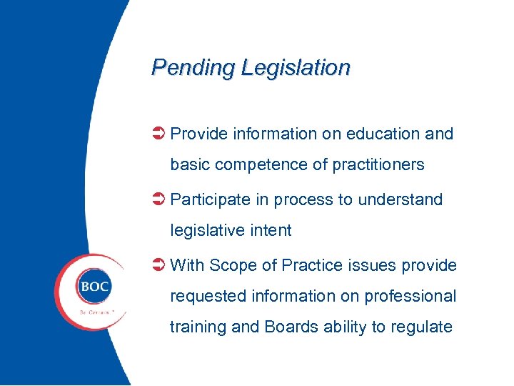 Pending Legislation Ü Provide information on education and basic competence of practitioners Ü Participate