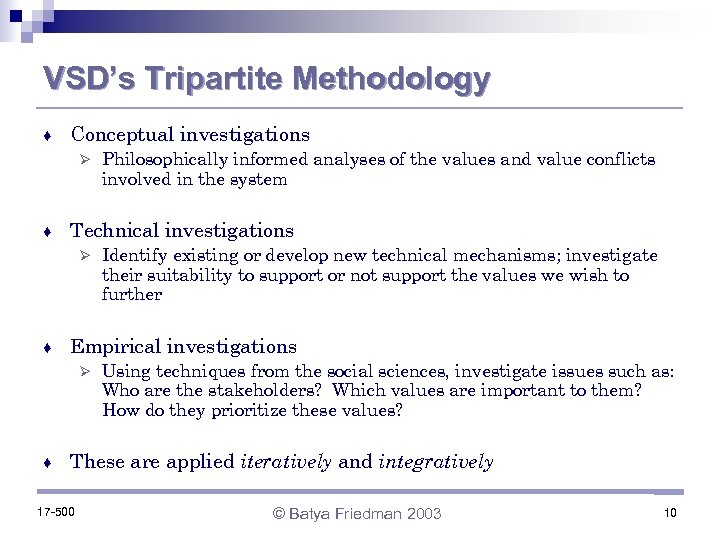 VSD’s Tripartite Methodology ♦ Conceptual investigations Ø ♦ Technical investigations Ø ♦ Identify existing