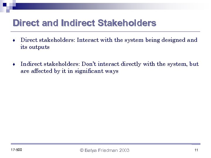 Direct and Indirect Stakeholders ♦ Direct stakeholders: Interact with the system being designed and