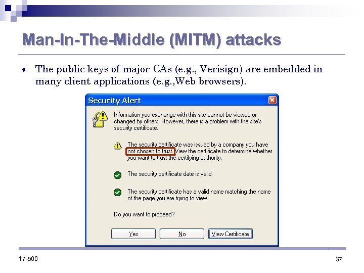 Man-In-The-Middle (MITM) attacks ♦ The public keys of major CAs (e. g. , Verisign)